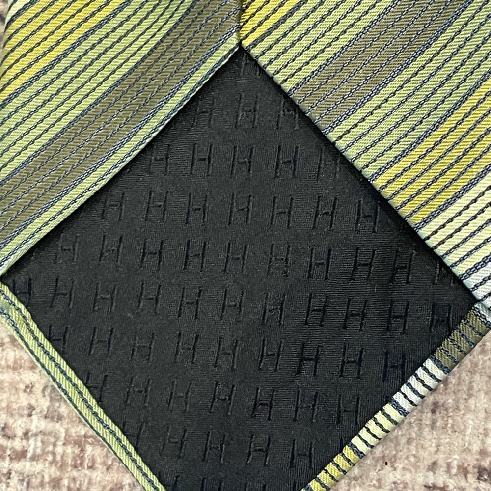 HERMES Tie 100% silk all-over pattern green/gray stripe pattern made in France - Picture 9 of 12